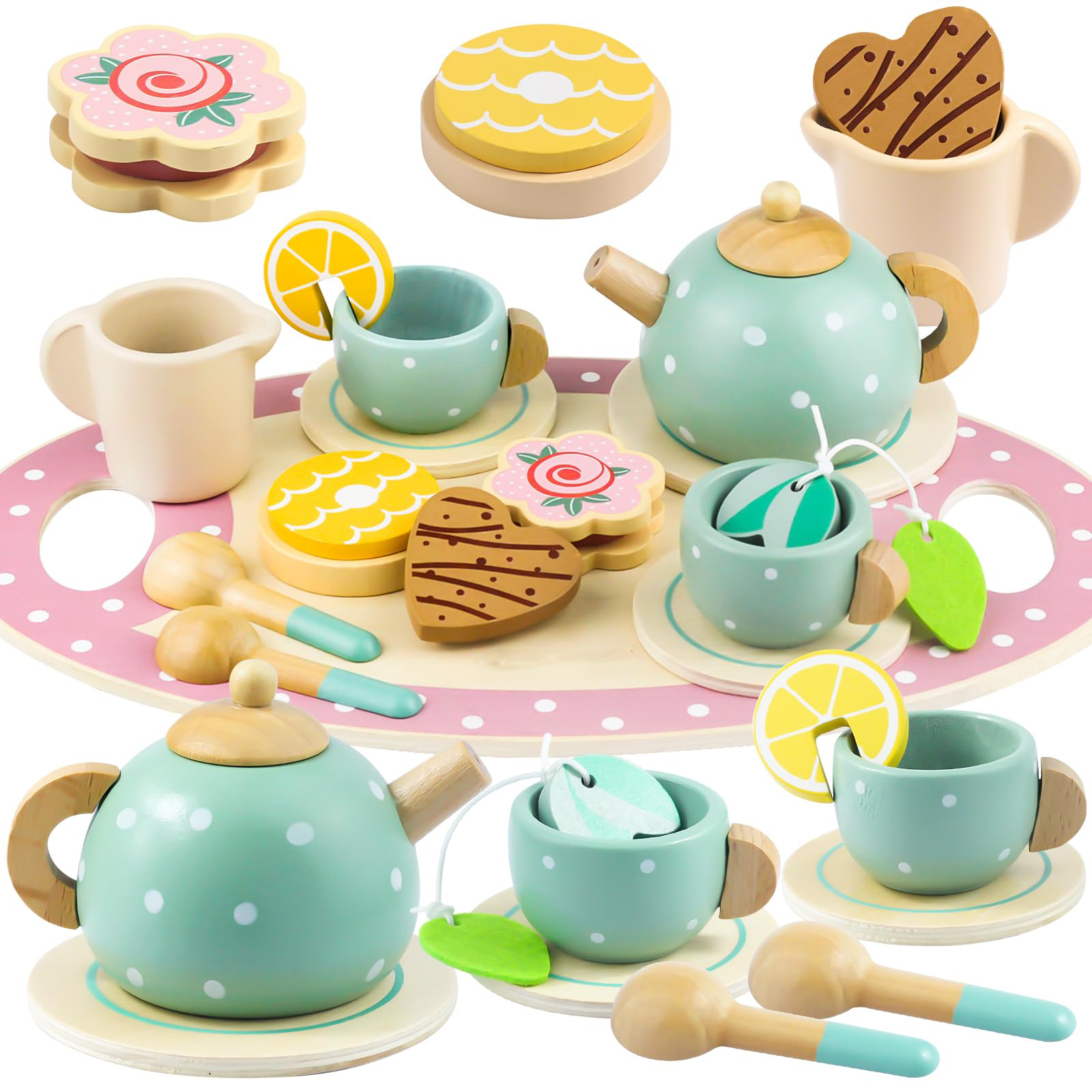 Wooden Afternoon Tea Set For Little Girls And Boys Play Food Pretend Play Kitchen Accessories Party Food Toys Educational Toys