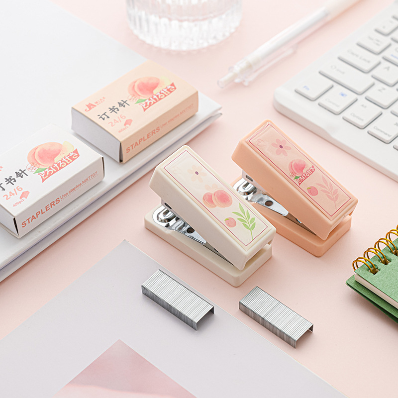 Оптовая продажа, мини степлер ins wind white peach для студентов, Набор № 12 24/6, милый маленький портативный степлер для студентов и офиса со скобами