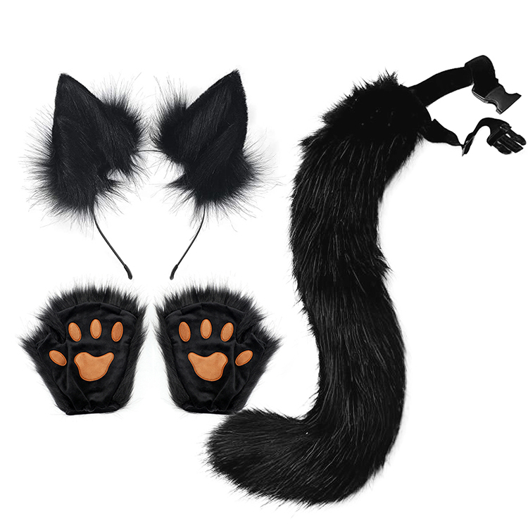 Hot Sale Handmade Cat Tail Paws Ears Animal Paw Faux Fur Cat Fox Ears Headband And Tail Set