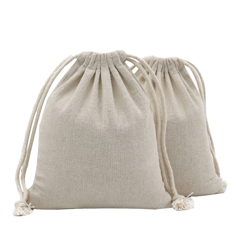 Stock Natural Cotton Linen Drawstring Bag with Logo Print Custom Eco Linen Draw String Gift Rice