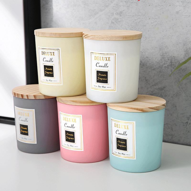 Wholesale Custom Empty 10oz Frosted White Empty Glass Candle Jar with Bamboo Wooden Lids