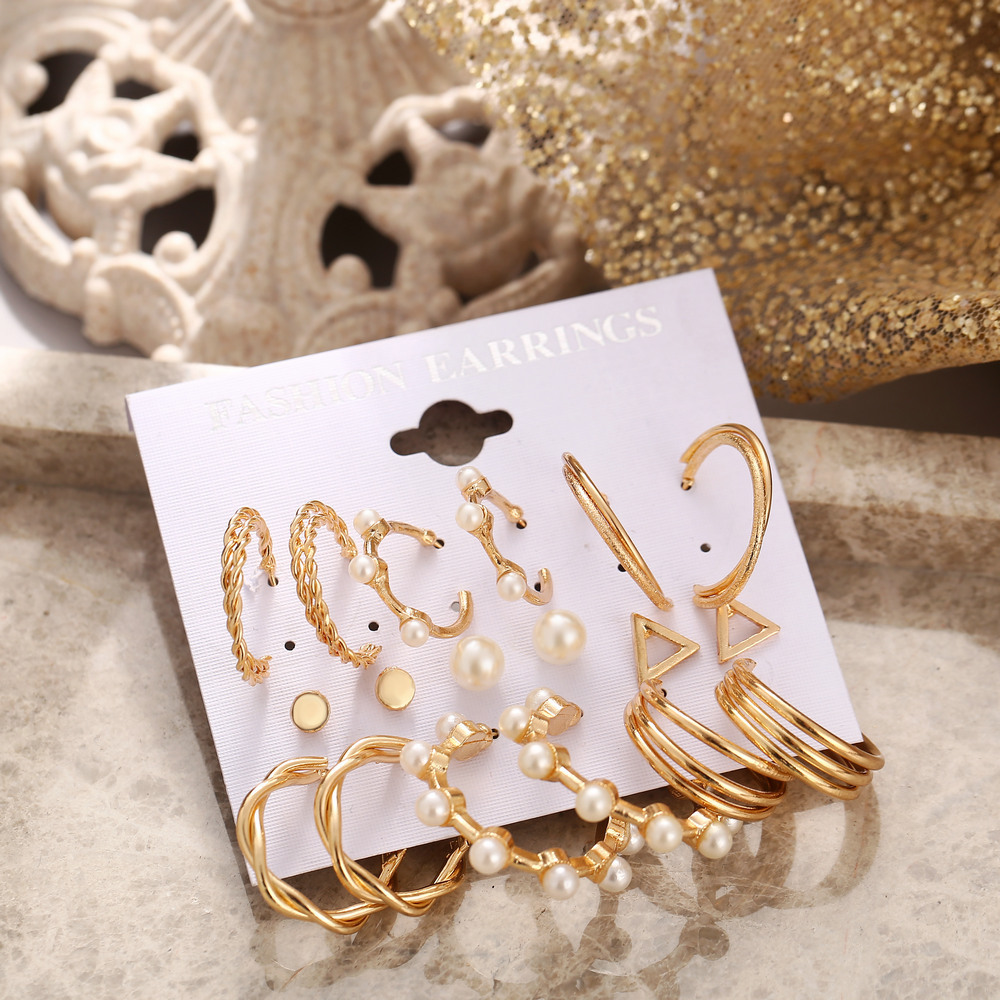 Retro personality 9 pairs ear ring inlaid pearl small earring earings set simple elegant earrings