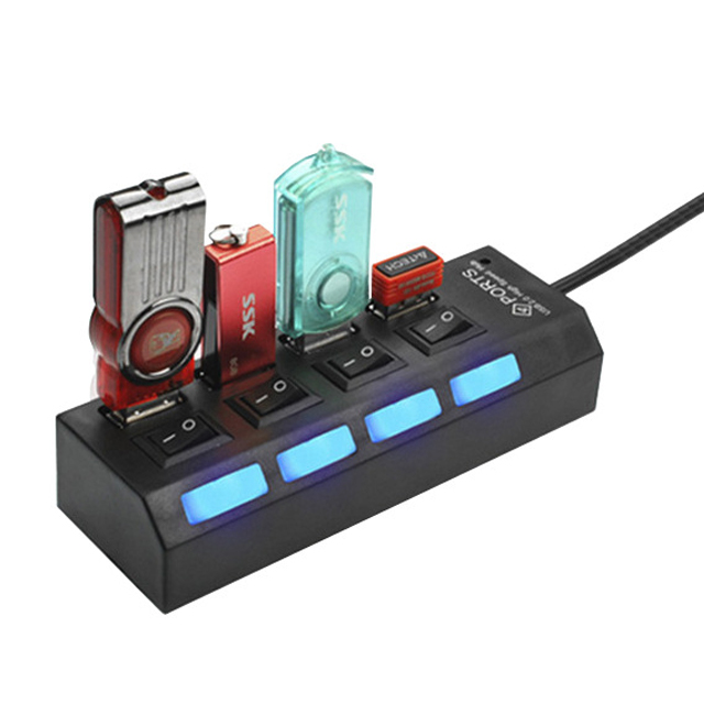 High Speed 4 Port USB 2.0 Hub Multi Splitter With LED Light ON-OFF power switch switches 4 ports USB HUB Expansion Desktop PC