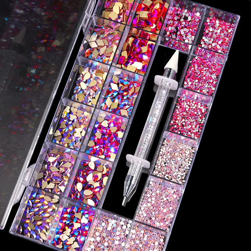 Nail Rhinestones High Quality Pink 3d Nail Art Fancy Crystal AB Rhinestones Box Bright Glass Diamonds Charm Flatback Shaped Rhinestones Set