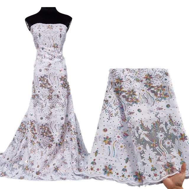 2581 African Pure White French Lace Fabric With Sequins Embroidery Flower Tulle Mesh Lace Fabric For Dress
