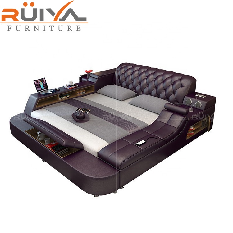 Фабрика Ruiya, оптовая продажа, современная роскошная мягкая многофункциональная умная кожаная кровать с массажем