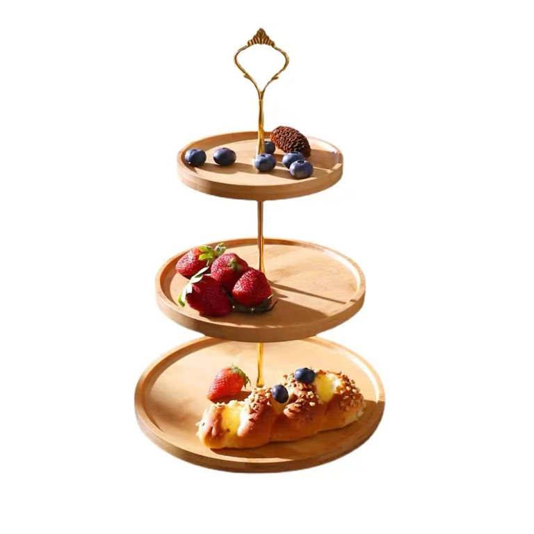3 Tier Bamboo Serving Stand  Farmhouse Tiered Tray Decor with Metal Brackets Kitchen