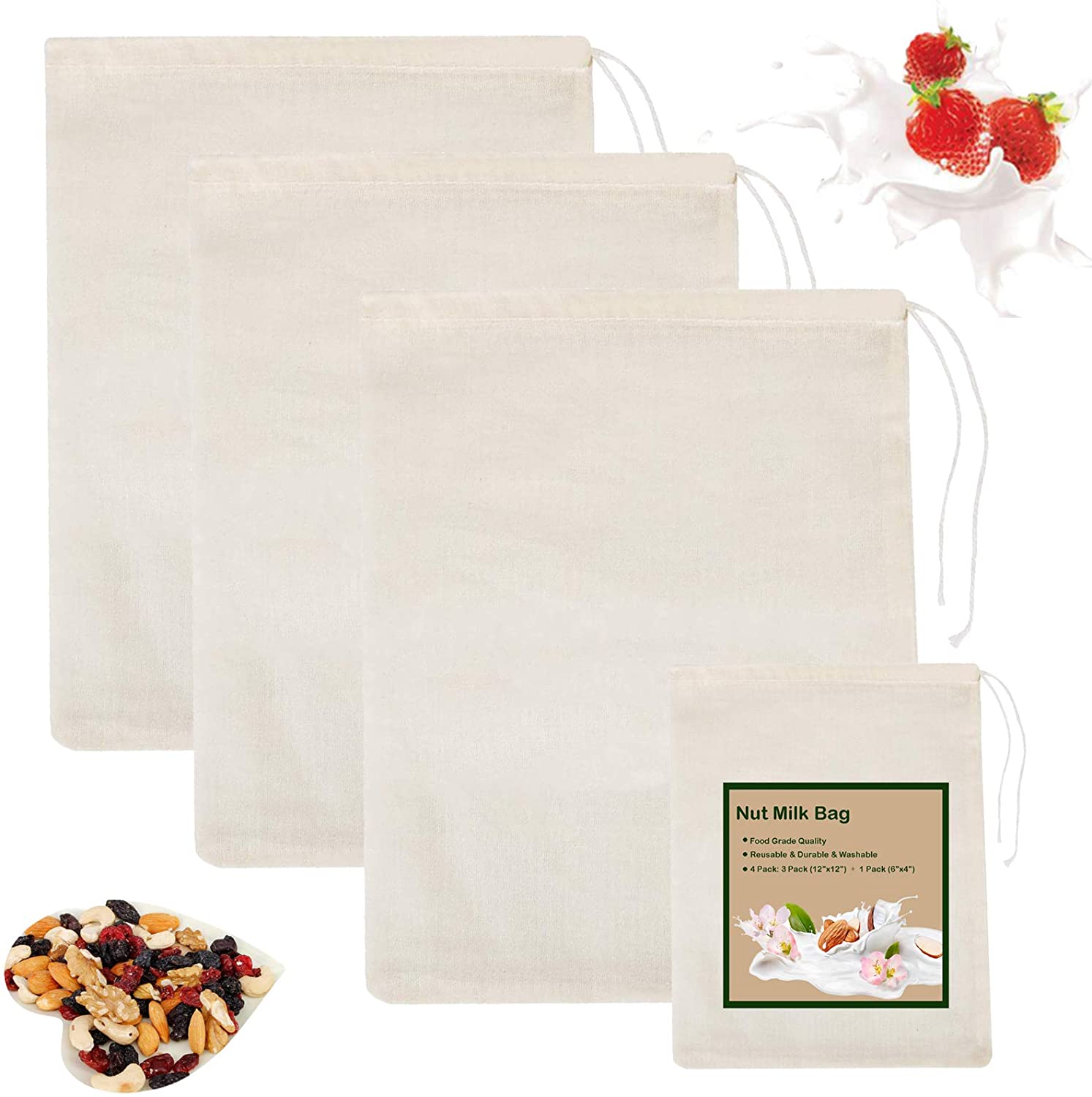reusable food grade organic hemp cotton nut milk filter bag for almond fruit juice cold brew coffee filter cloth bags washable
