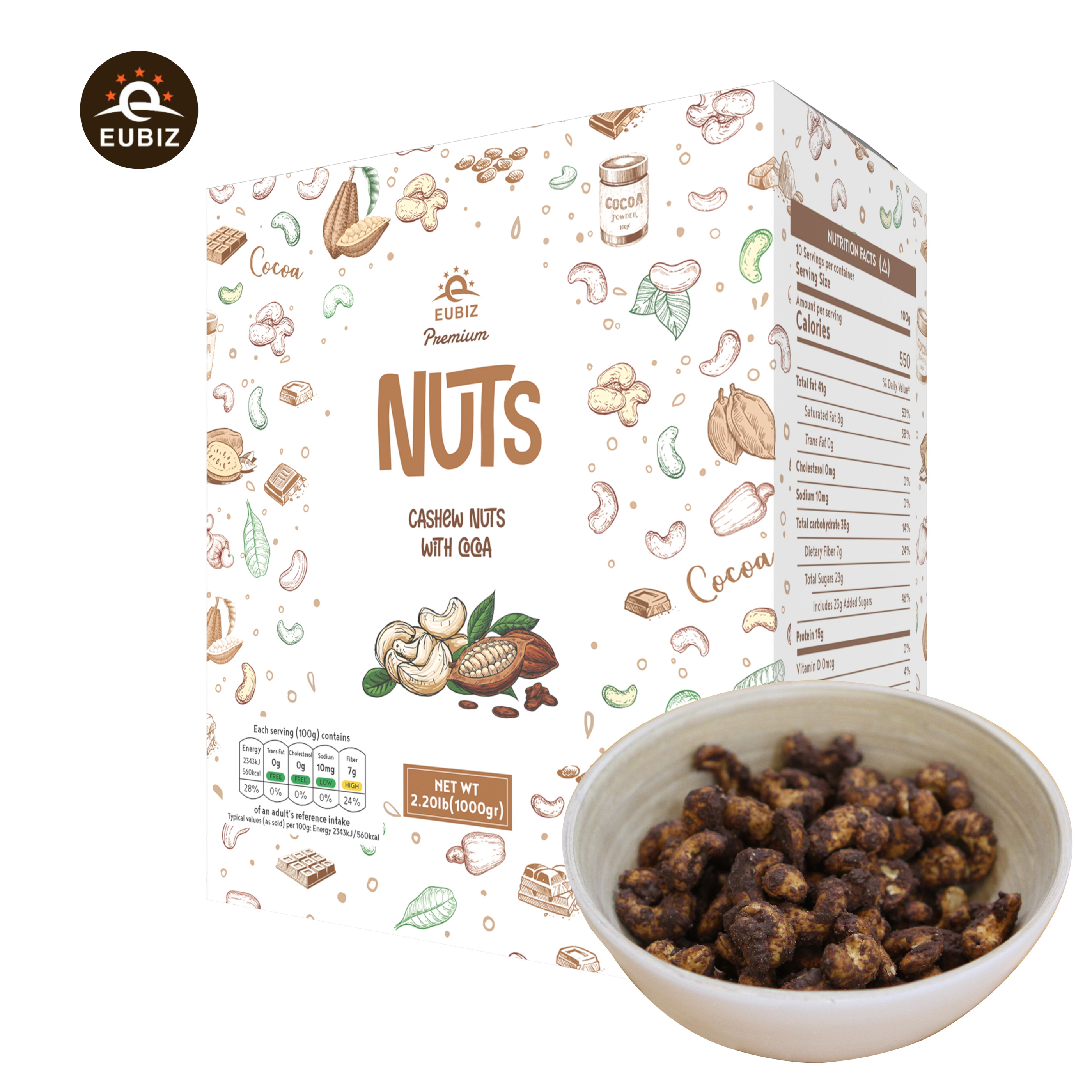 Eubiz Cashew Nuts-1000g ( 35.3 OZ ) - Roasted Brown CoCoa Cashew Nuts - In Plastic Box Packaging