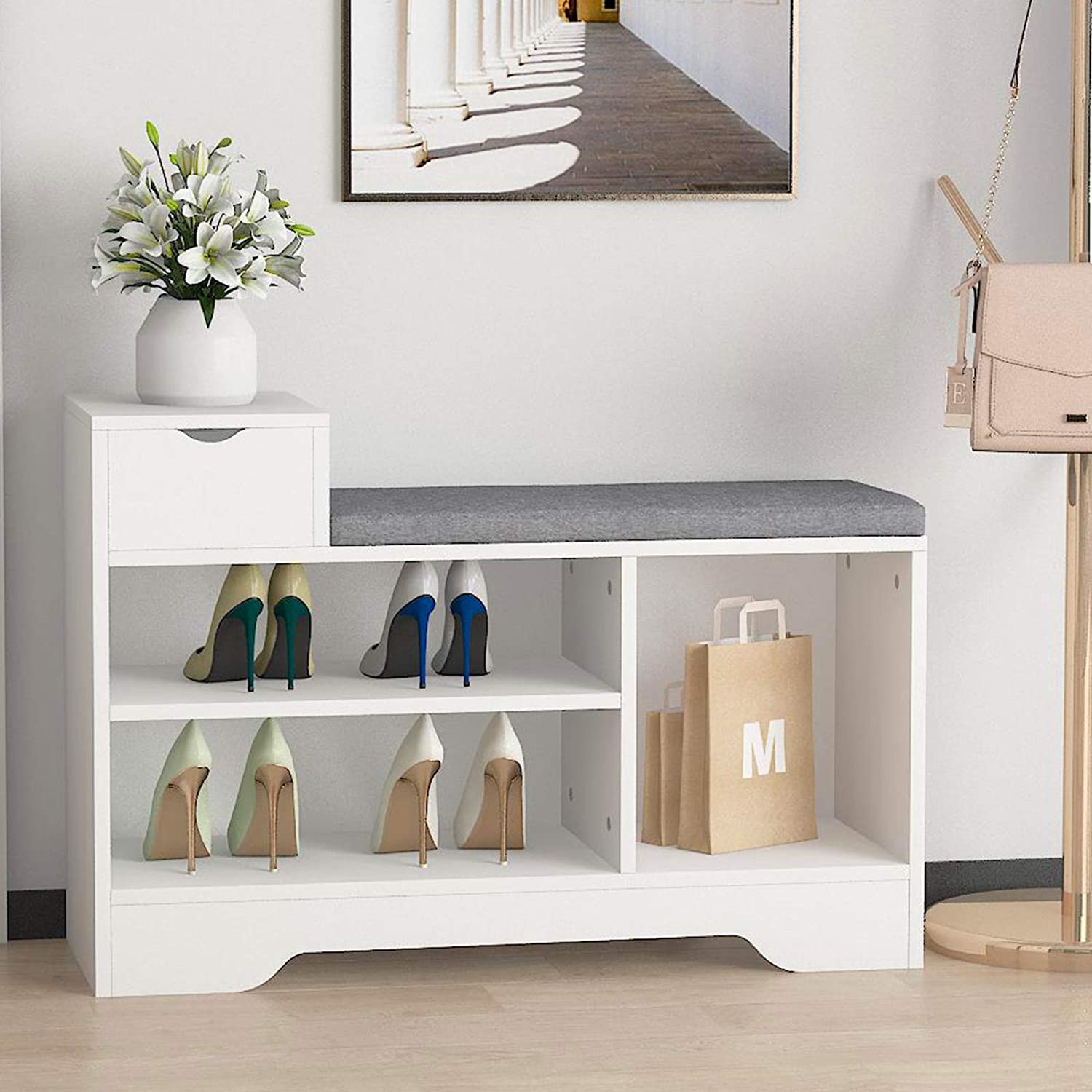 Shoe Storage Bench with Gray Cushion, White Shoe Rack Bench with 2 Storage Rack and Cubby and Drawer, Shoe Cabinet Bench Seat fo