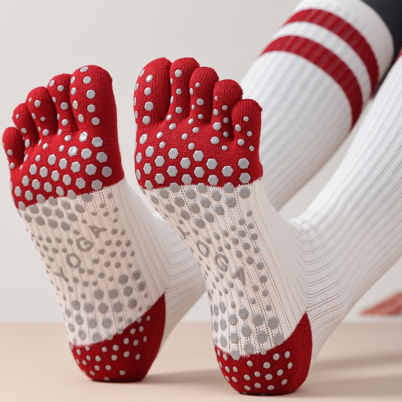 Yoga Pilates Toe Socks With Grips Cushioned Knee High Striped Cotton Five Finger Calf Socks Warm Athletic Toes Socks for Running