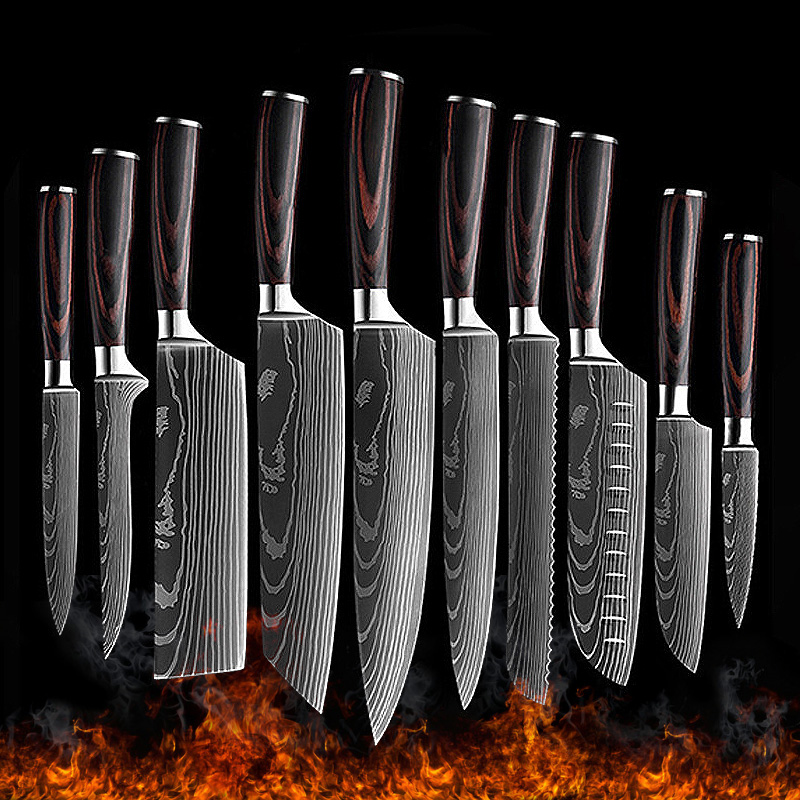 10 pcs custom damascus pattern chef kitchen knife sets cooking stainless steel knives set