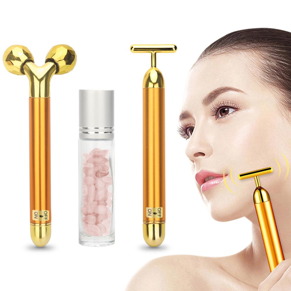 Jade Massage Roller Vibrating Facial Massager Face 3 In 1 Rose Quartz 24k Gold Beauty Facial Massage Roller