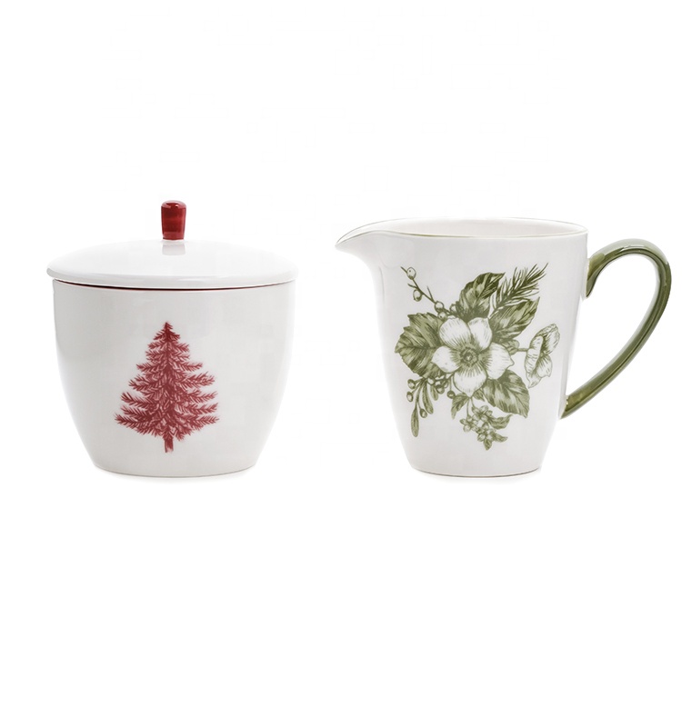 Wholesale Christmas kitchen breakfast porcelain sugar and creamer set container ceramic with lid and holder