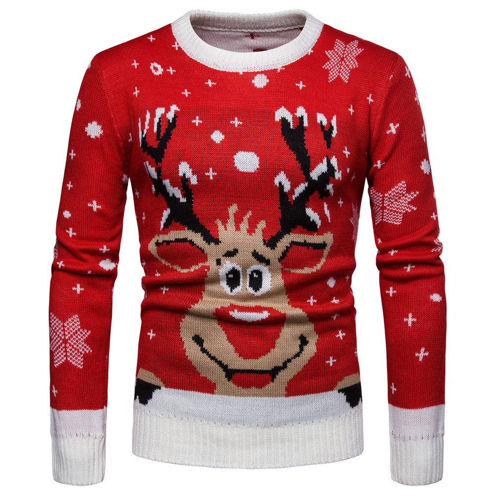 Men's Christmas Crewneck Jacquard Red Sweaters Holiday Reindeer Snowflakes Sweater