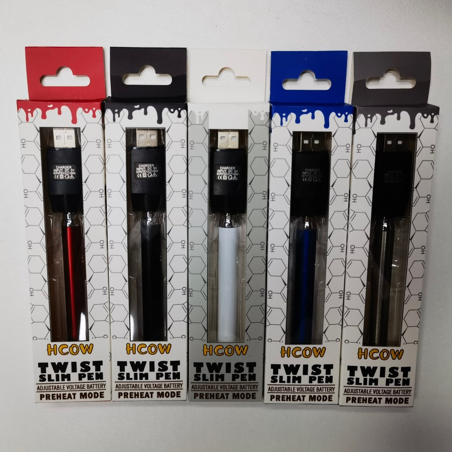 HCOW оптовая продажа 320mAh тонкая ручка твист вейп ручка батарея с интеллектуальным USB зарядным устройством для CBD испаритель перезаряжаемая батарея