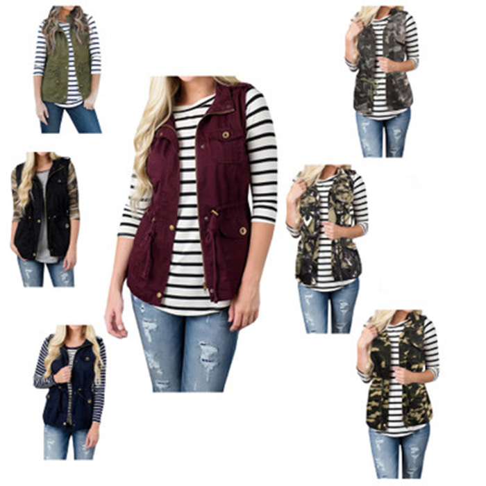 MY-228 2018 Latest Fashion camouflage print women vest with pocket & zipper decorated fall casual stand collar vest for ladies