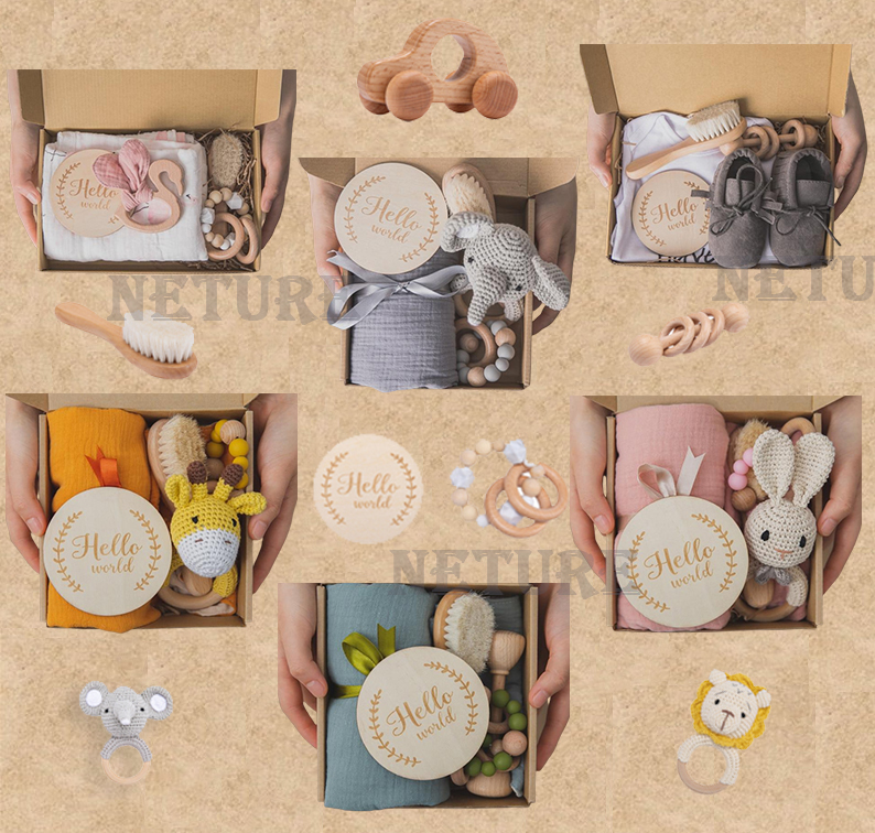 Neutral new baby gift baby shower gift set Milestone cards muslin comforter blanket Towel Baby Rattle Teething Toy Bathing