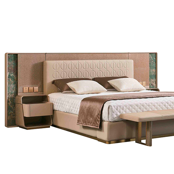 Large king size genuine leather soft bed with color slate bed screen