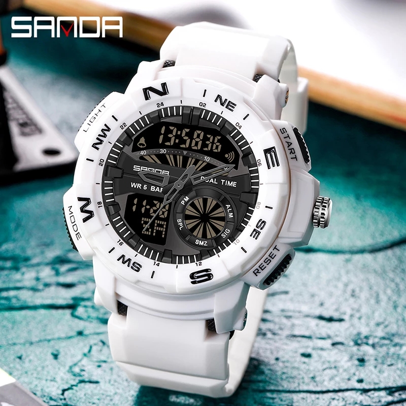 SANDA 6037 мужские часы черные спортивные часы с цифровым ЖК-дисплеем, 5ATM водонепроницаемые военные часы s-shock мужские часы