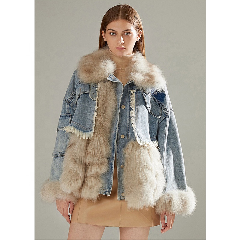 Custom Winter Denim Fox Fur Patchwork Fur Coat High Quality Women's Parka Down Jacket