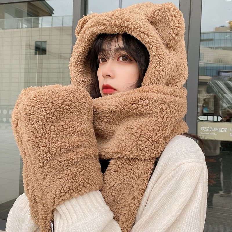 Kawaii флис с медвежьими ушками шапки и шарфа перчатки Комплект зимние женские шапки бини шапки Теплые повседневные плюшевые ботинки головные уборы