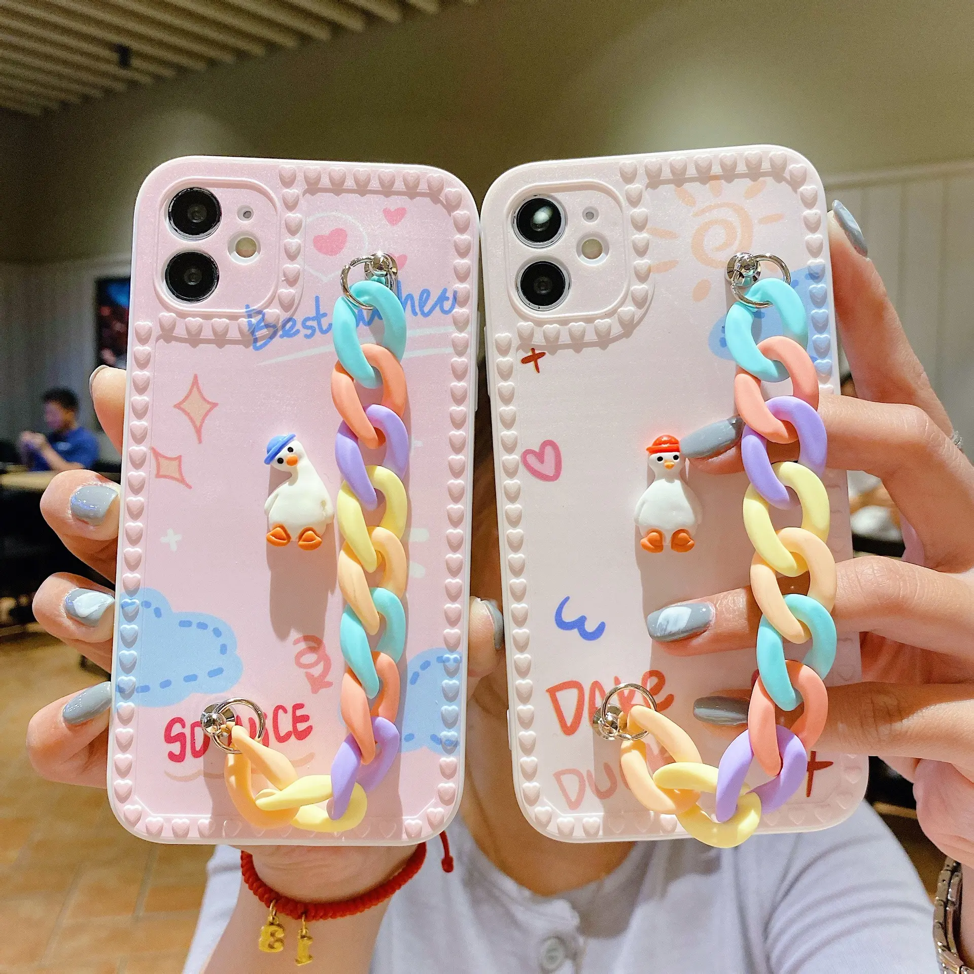 TPU soft shell cartoon rainbow chain mobile phone protective cover for iphone12 13 pro mobile phone shell cute duck 11pro max