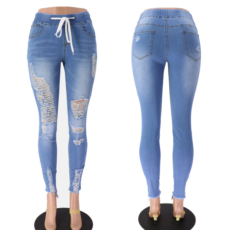 vintage pencil washed high waist stretch denim ripped flare ladies trouser jeans women