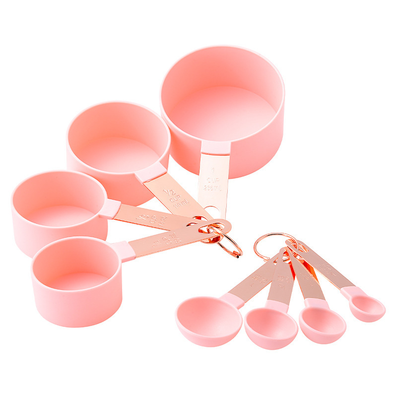 Custom design 8 piece Plastic Rose Gold handle Measuring Cups Spoon Measuring Tool set