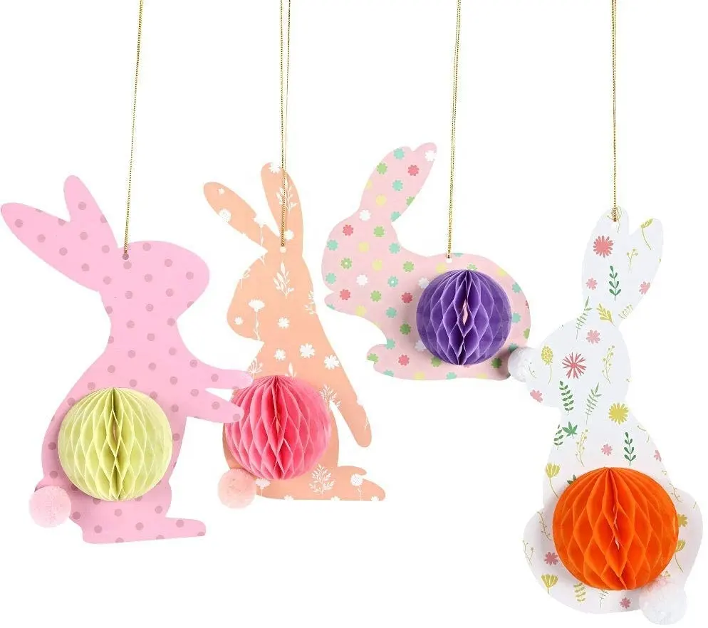 Easter Egg Decorations Colorful Rabbit With 3D Honeycomb Paper Egg Ball