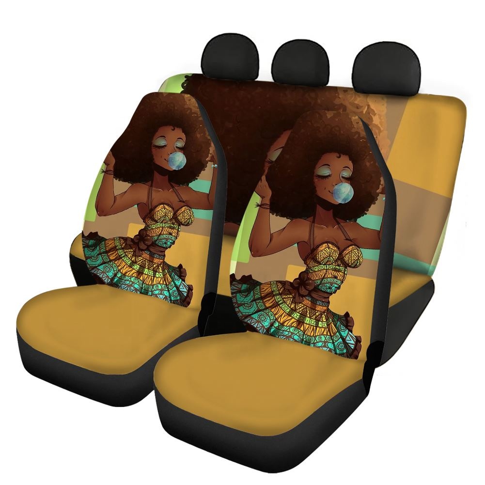 African Black Girl Seat Cover Car Universal Bubble Gum Afro Afrocentric American Girls Front & Rear Covers,Unviersal Fit