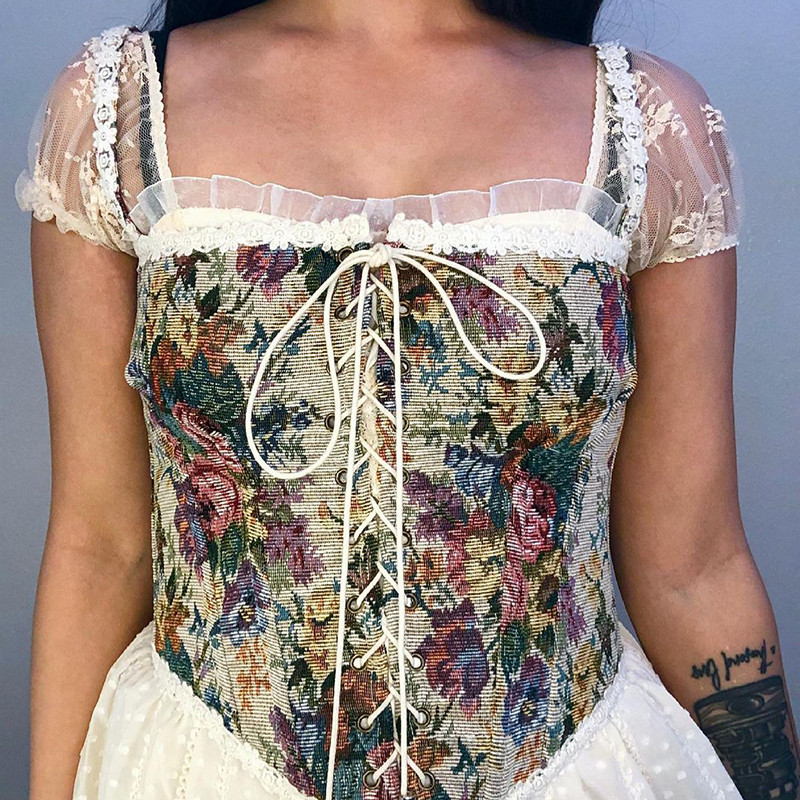 GHX4780 Corset Tops Female Trendy Vintage Flower Jacquard Sexy Lace Up Bustier Corset For Women