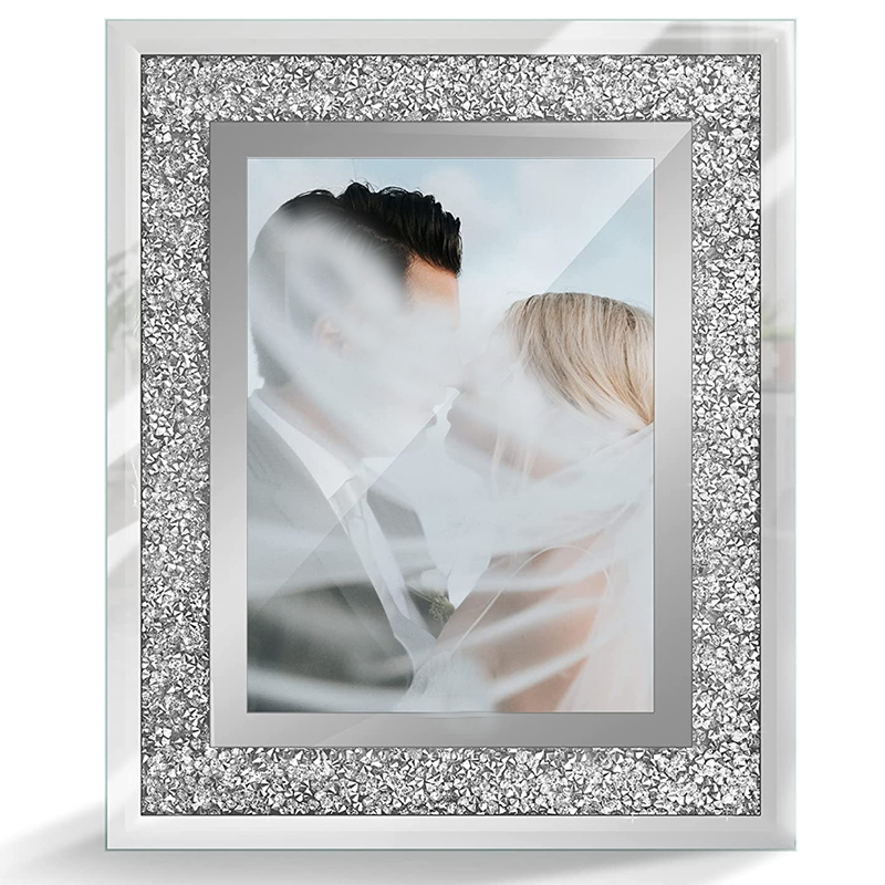 Decorative Picture Frame 4x6" 5x7" 8"x10" Silver Photo Holder Glass Mirror with Sparkling Crystal Boarder for Desktop Tabletop