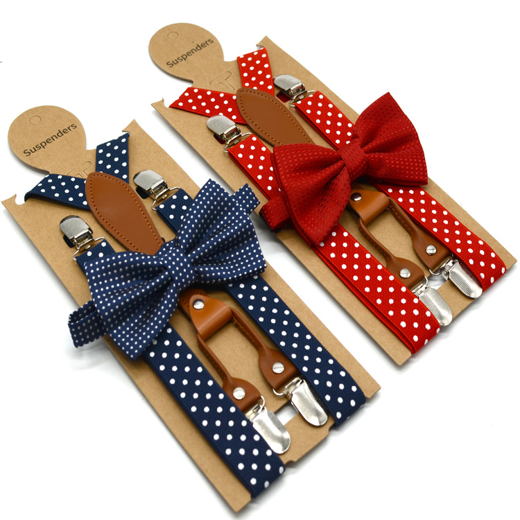 MCK 6Colors Polka Dot Bow Tie Suspenders for Men Women 4 Clip Leather Suspensorio Adult Bowtie Braces for Trousers Navy Red