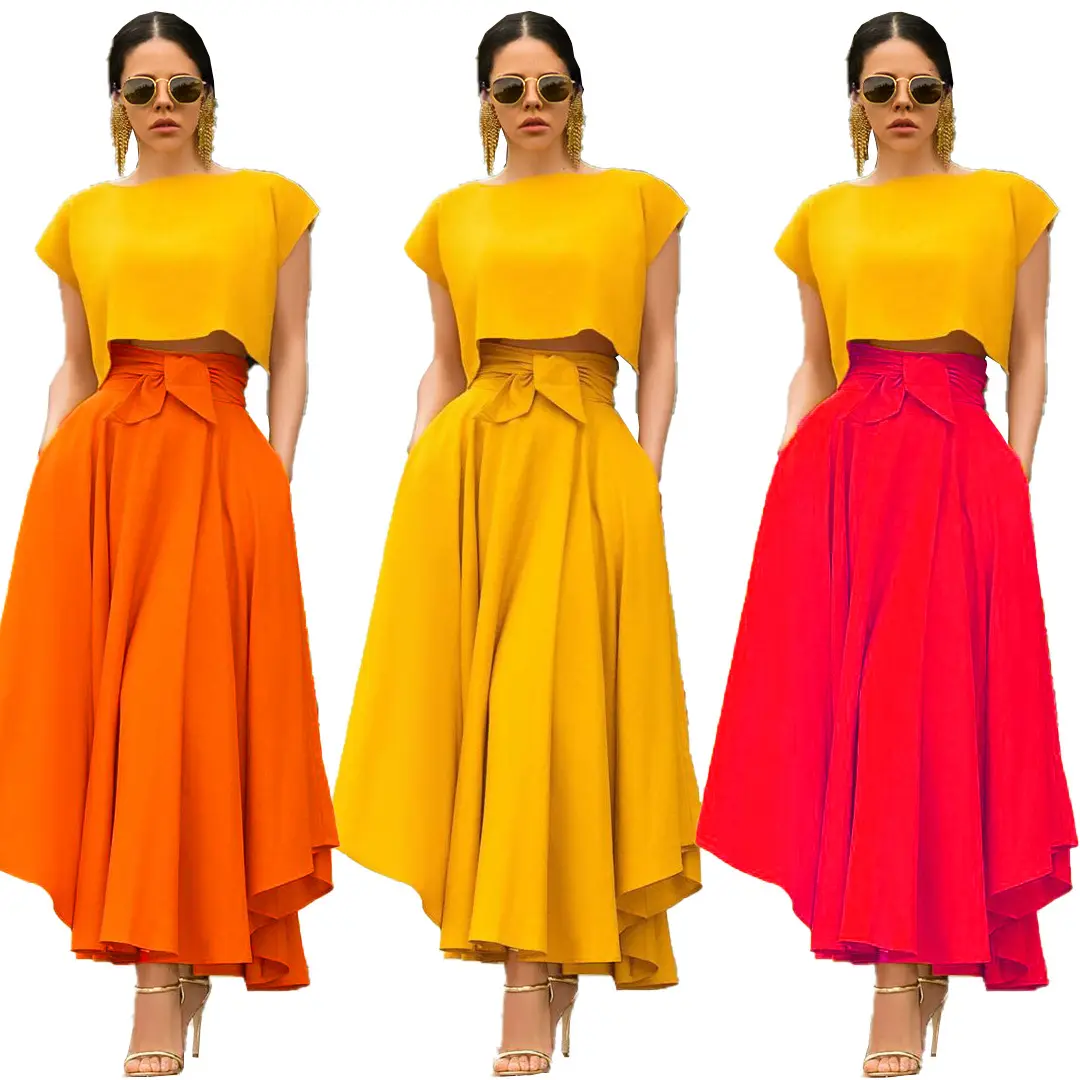 2021 New Fashion Clothes Ladies Front Tie High Waist Large Swing Maxi Skirt Summer Casual Solid Color Skirt For Women