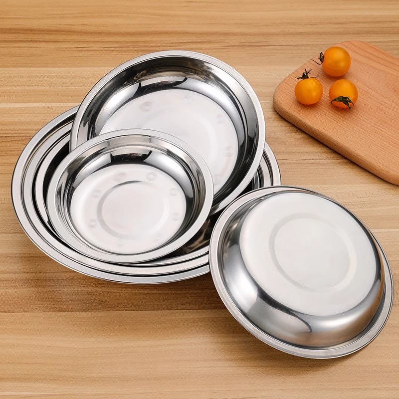 Round Metal Dinner Plate Dish Kitchen Polished 201 Stainless Steel Plates Sets Dinnerware stainless plate suppliers