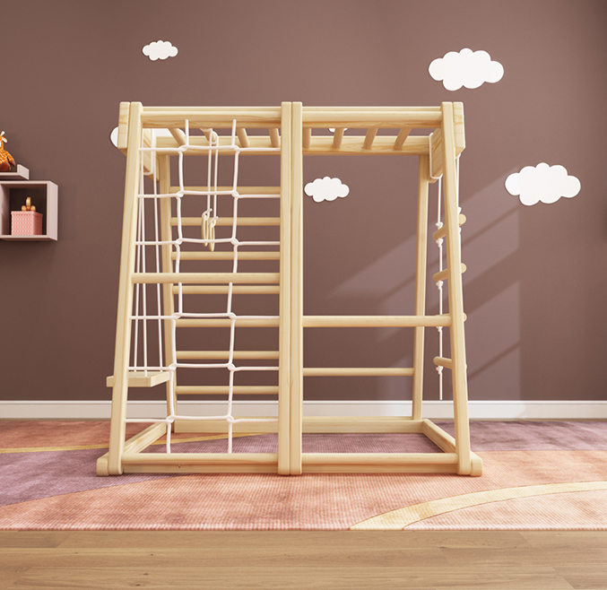 Children indoor slide with wooden climbing frame and swing for Kids indoor slide