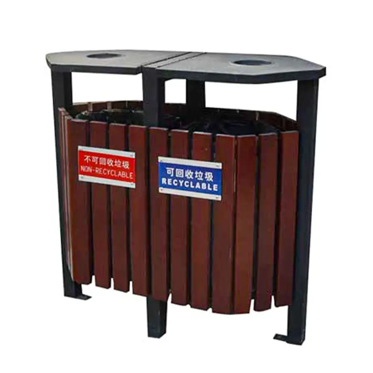 2 compartment rubbish bin environmental protection wooden trash can waste recycling bin