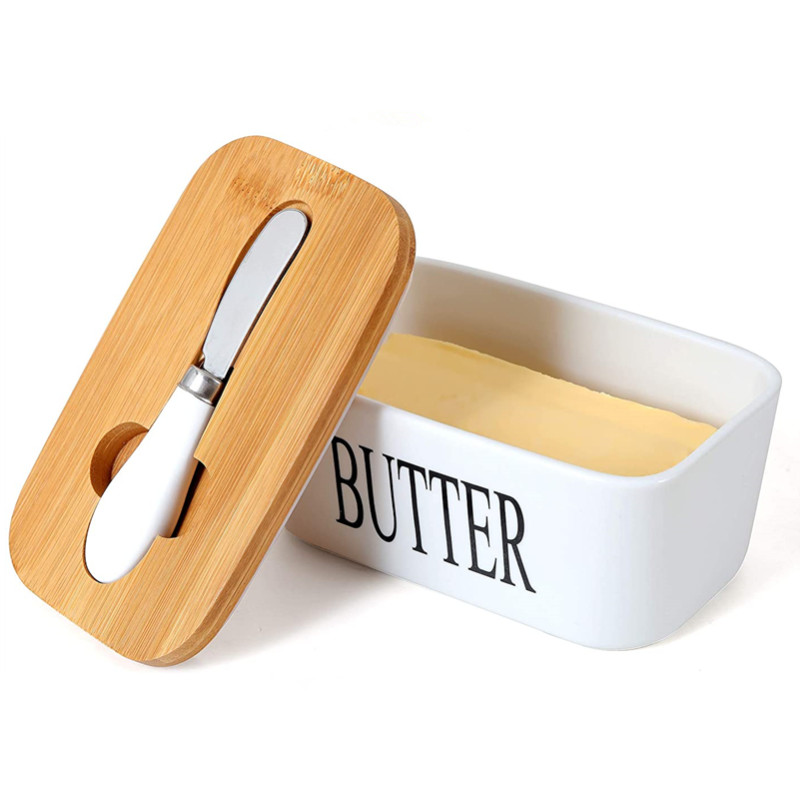 Rectangular ceramic butter box sealed storage box butter dish with knife and bamboo lid
