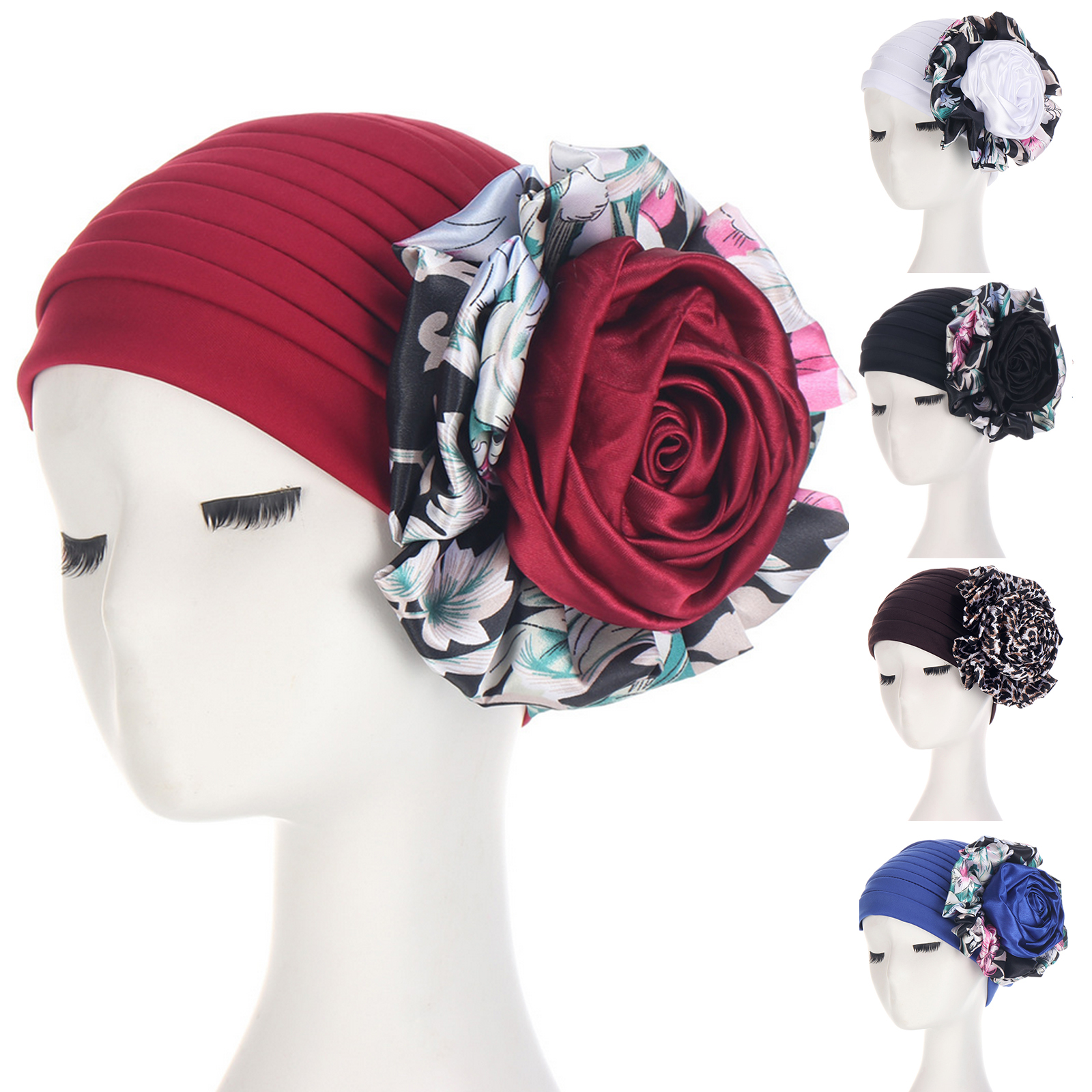 Multicolor Indian Hat Two-color Rose Flower Fashion Flower Ladies Headscarf Hat Stitching Muslim Women Turban Caps