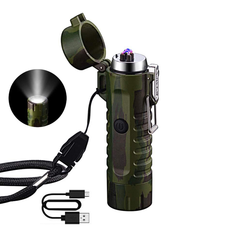 Portable Outdoor LED Flashlight Electric Dual Arc Lighter Waterproof USB Rechargable Plasma Windproof Camping Survival equipment