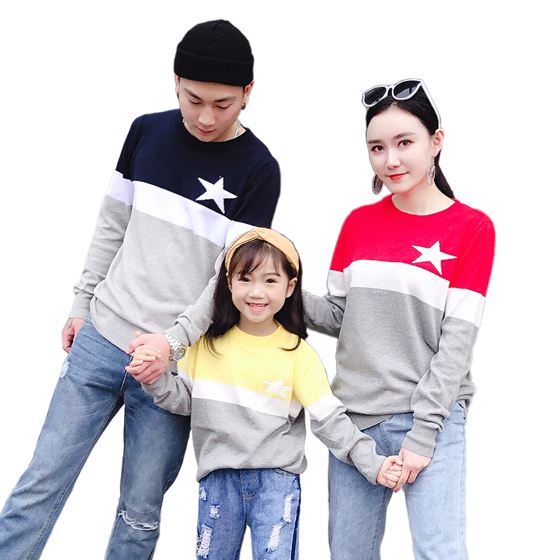 2021 spring and autumn new cotton stripe jacquard pentacle Korean version chao fan parent-child family sweater wholesale