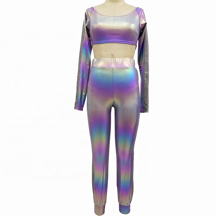 Custom High Elastic Metallic Skinny Pants Long Sleeve Top Women Two Piece Set Clothing