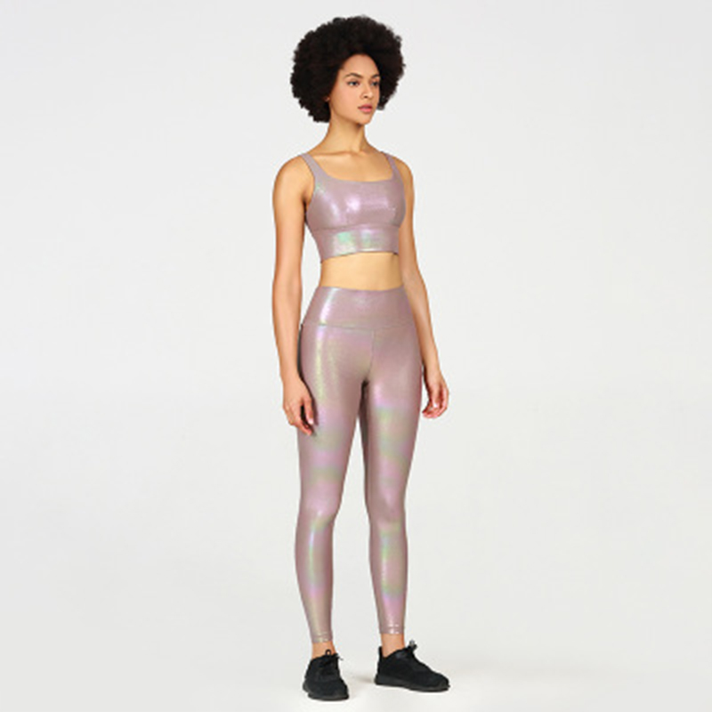 2021 New Lulu Shiny Bronzing Yoga Sports Set Naked Feeling Stretchy Gold Stamping Fitness Set