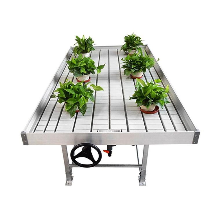 Customized rolling table bench with pallet ebb and flow hydroponic growth system