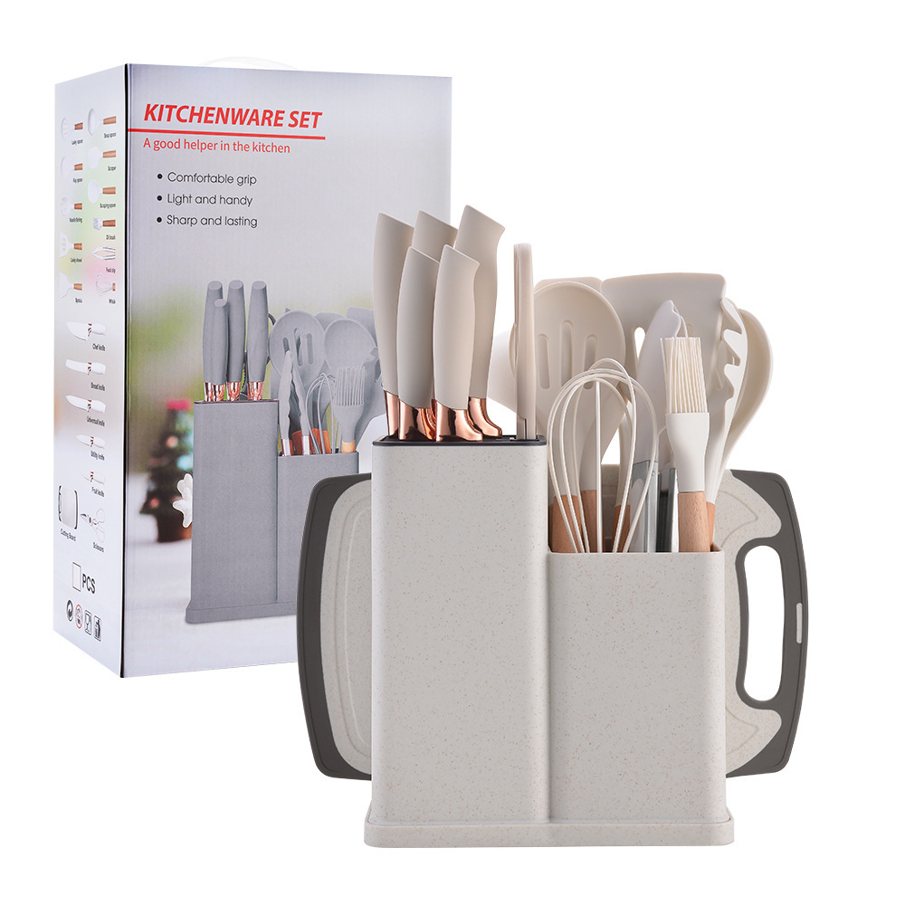 Hot Sale 19pcs Wood Handle Silicone Kitchen Utensil Sets Utensils Kitchen Set Cooking Kitchen Utensils With Storage Bucket