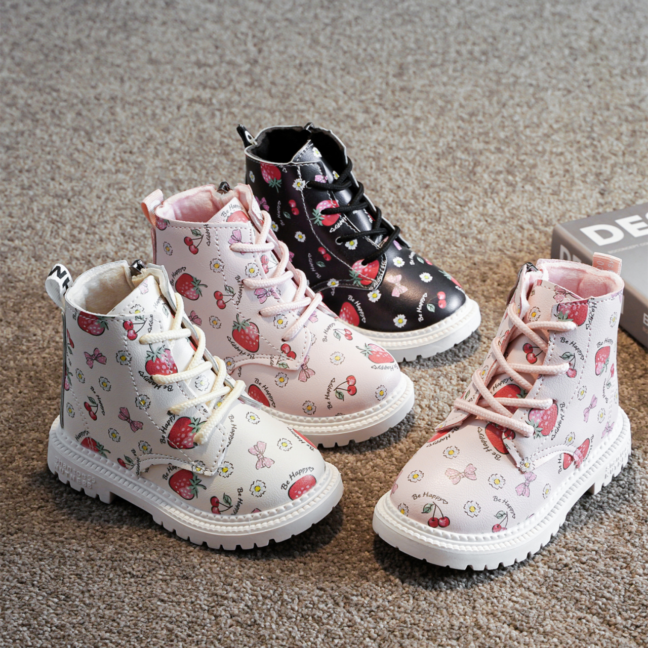 Baby Girls Warm Leather Boots Kids Shoes For Girl Autumn/Winter Children's Shoes Boots Cute Strawberry Short Boots Children Kids