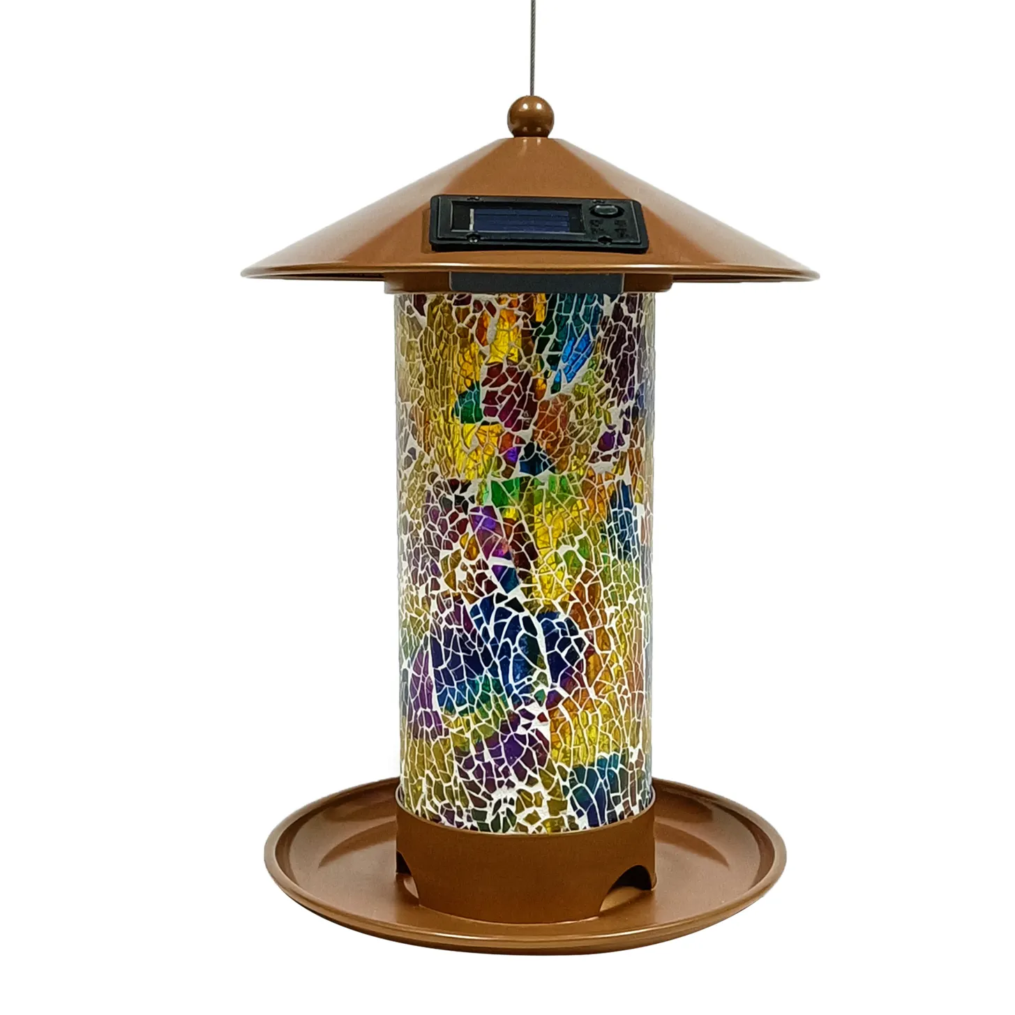 Automatic Solar Power Mosaic Glass Tube Led Light Wild Bird Feeder With Meal Lid And Tray For Outdoor Garden Hanging