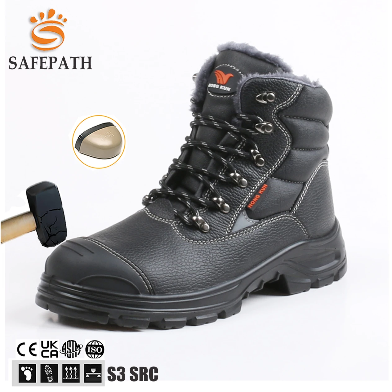 Safepath Brand Cold-Resistance Genuine Leather work shoe man Winter Warm security shoes Anti-slip steel toe safety shoes