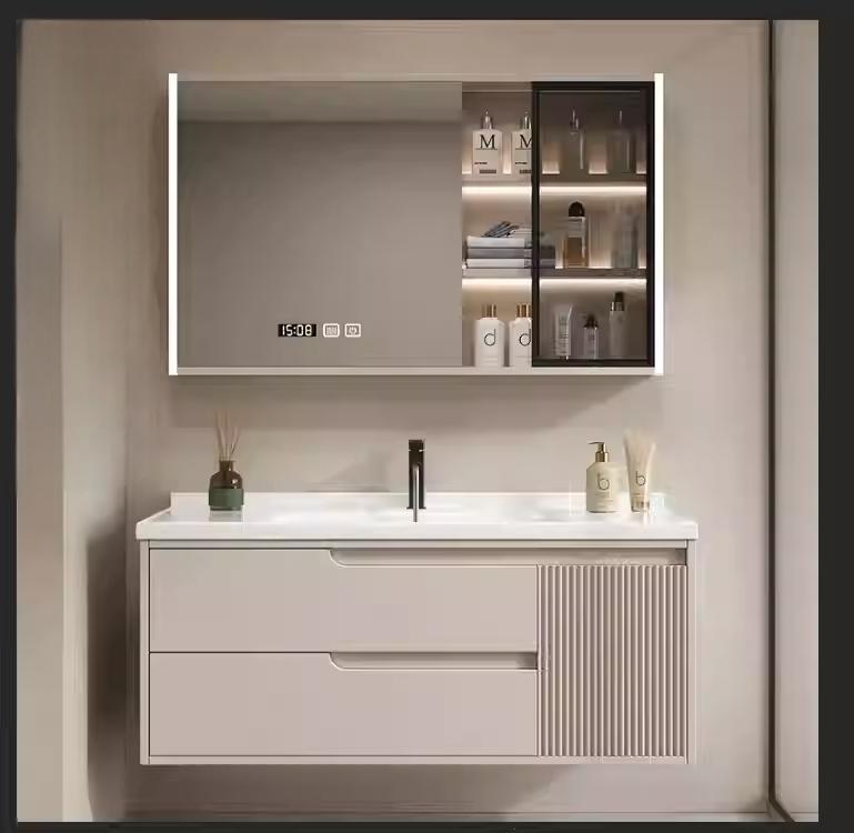 Modern Cream Style Bathroom Cabinet with Ceramic Integrated Basin and Copper Drainer LED Mirror Included Combination Vanity